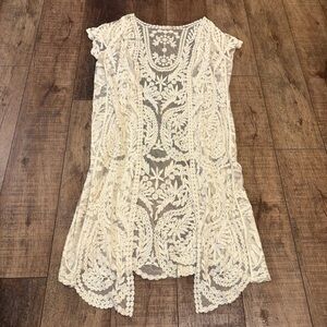 Boho Ivory Lace Embroidered Short Sleeve Kimono Cardigan Duster Womens Medium